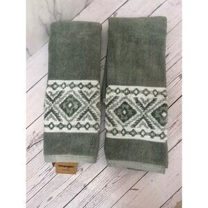 Wrangler Hand Towel Set 2pc Sage Green Southwestern Geometric Jacquard Border